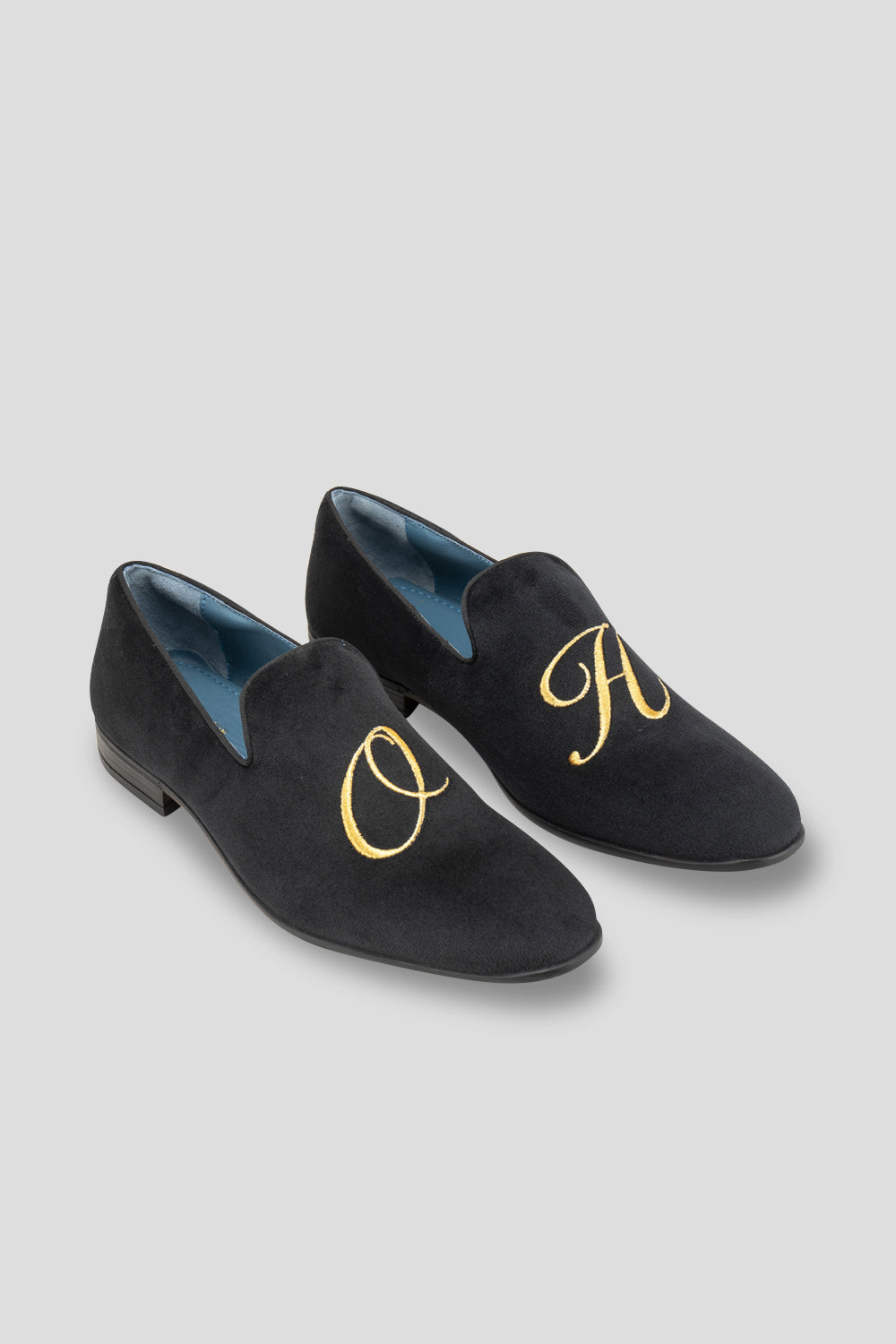 Men’s Charles black velvet loafers with custom embroidered initials, offering a timeless, personalised touch for luxury gifting or formal occasions.