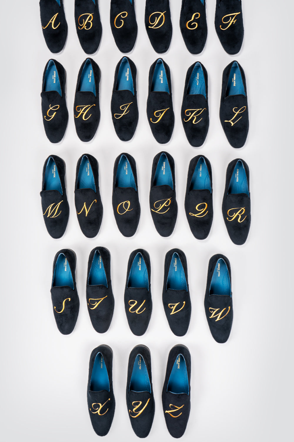 Men’s Charles black velvet loafers with custom embroidered initials, offering a timeless, personalised touch for luxury gifting or formal occasions.