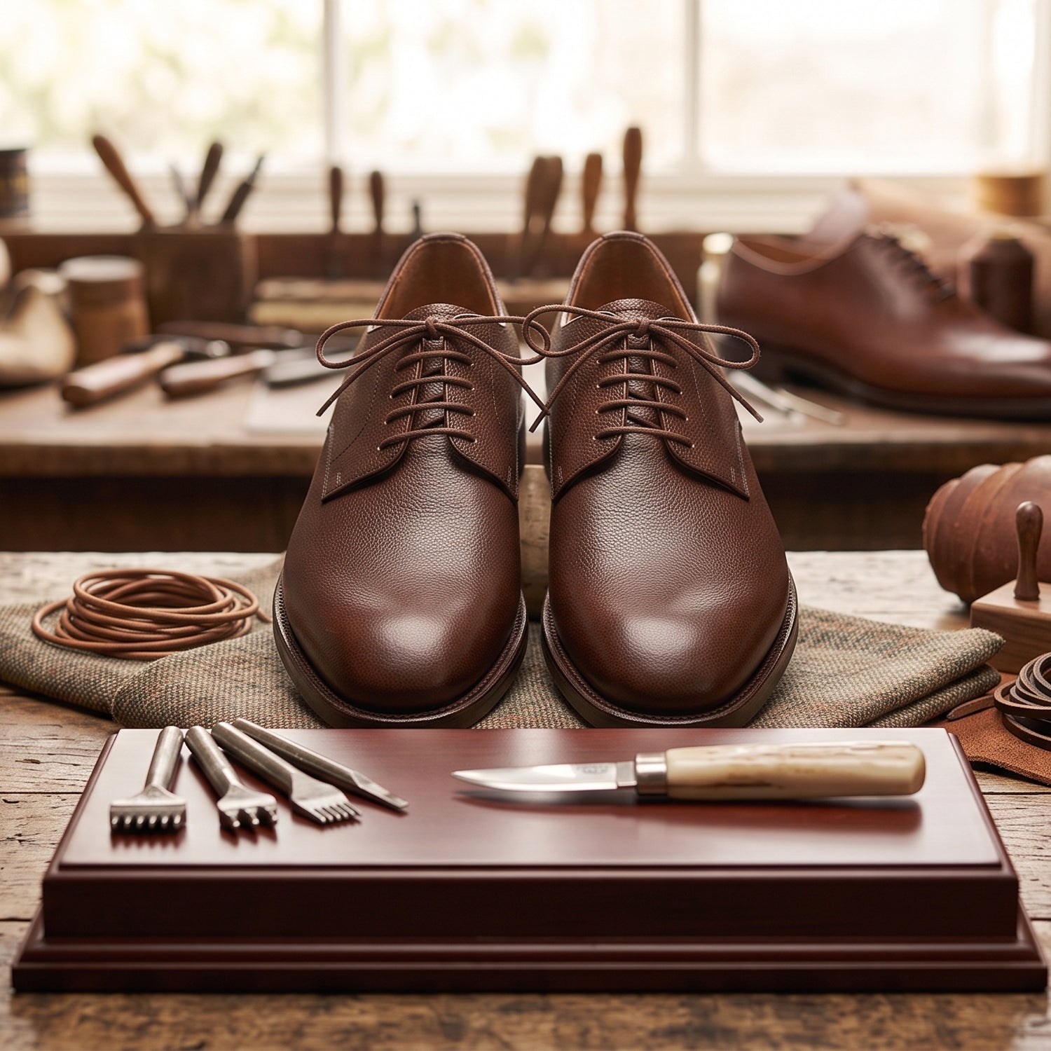 Custom brown textured leather dress shoes on a workshop table surrounded by traditional cordwainers' tools, leather laces, and stitching punches.
