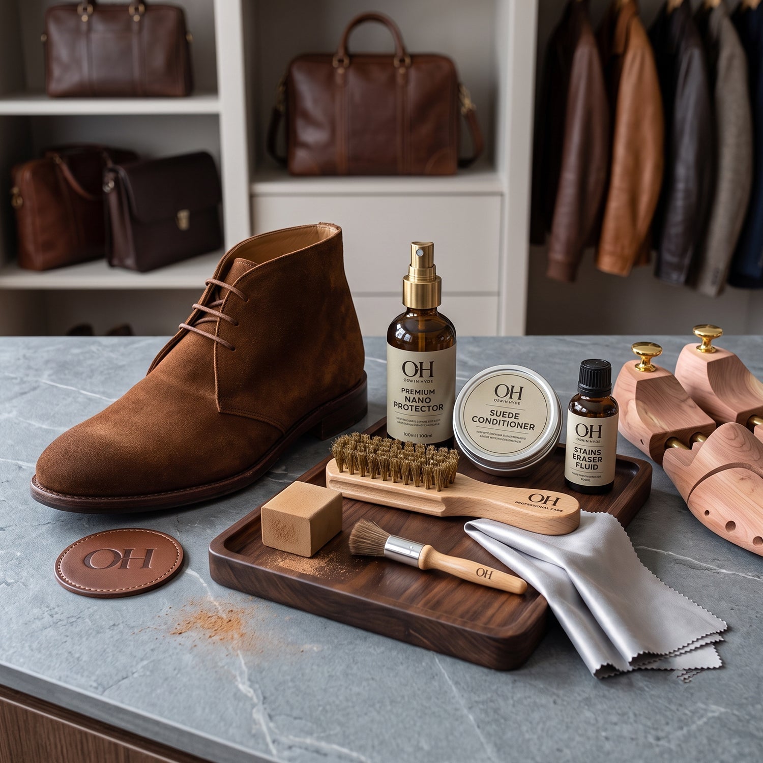 A brown suede chukka boot next to a luxury suede shoe care kit featuring a brass bristle brush, nano protector spray, conditioner tin, and stain eraser fluid on a wooden tray.