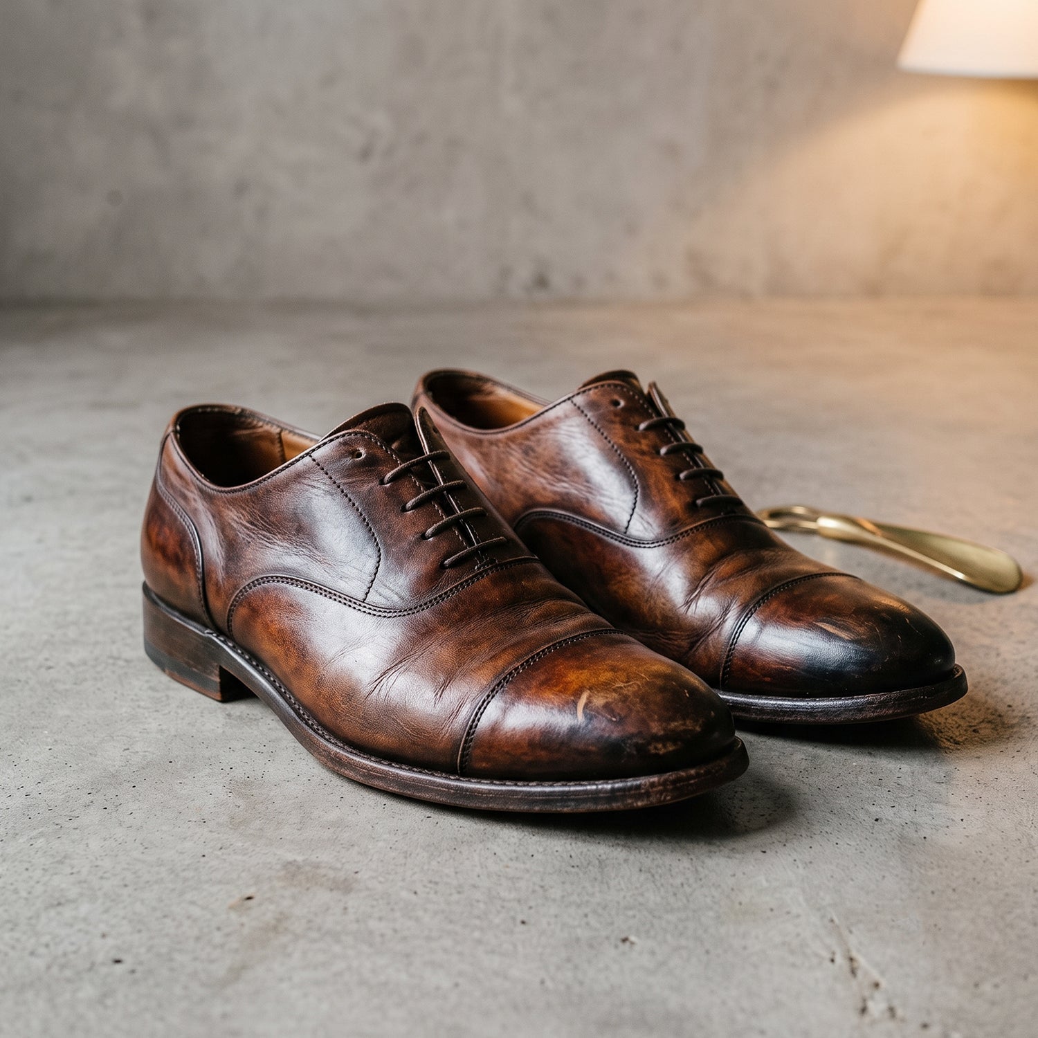 A pair of well-worn brown leather oxford dress shoes with a rich patina, displayed on a concrete floor next to a brass shoe horn.