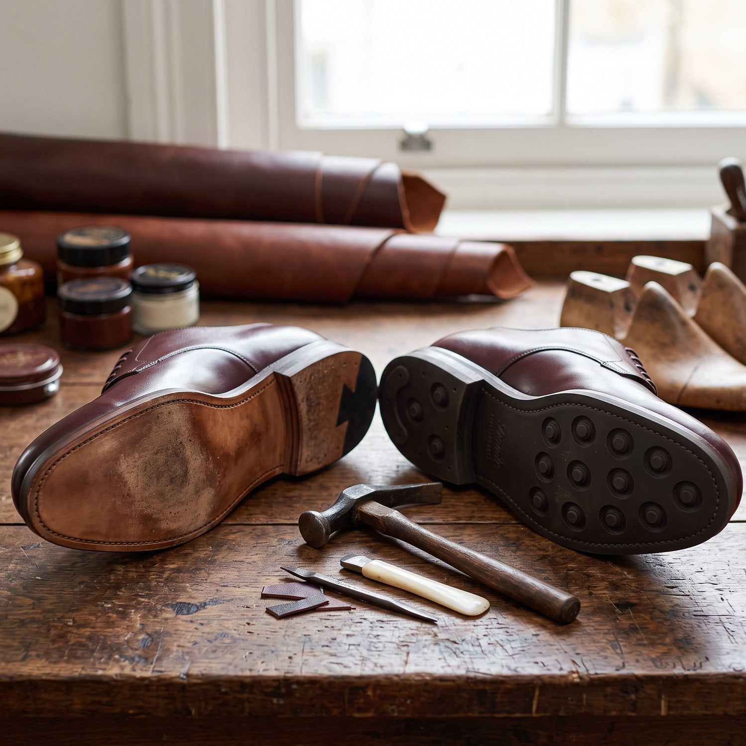 Comparison of a leather sole and a studded rubber Dainite sole on handmade burgundy leather dress shoes, displayed on a cobbler's wooden workbench with leathercraft tools.