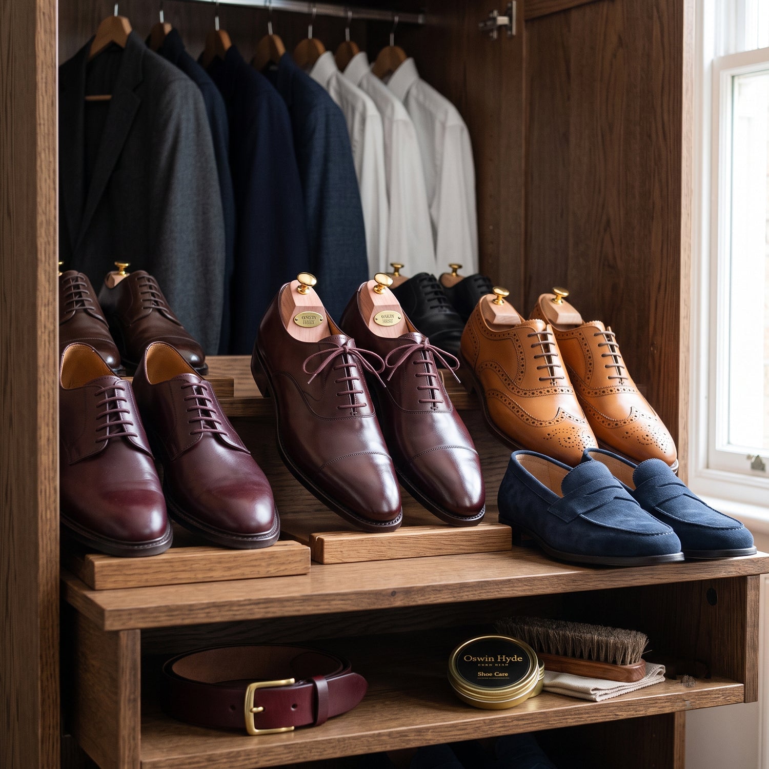 Men's luxury dress shoes displayed in a wooden wardrobe, featuring burgundy leather oxfords, tan wingtip brogues, and navy blue suede loafers alongside a leather belt and shoe care kit.