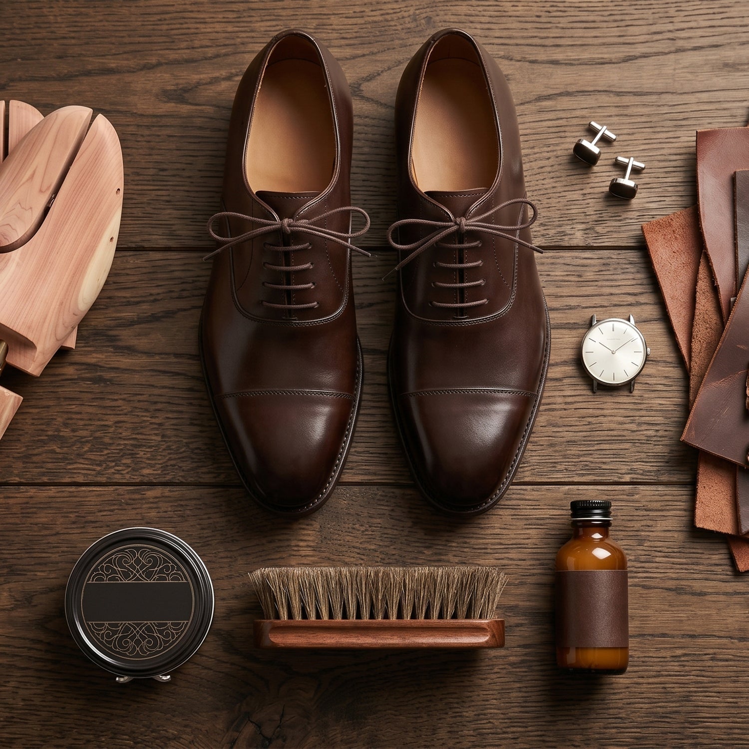 A pair of high-quality men's leather dress shoes for a wedding, featuring traditional Goodyear welt construction, displayed with unvarnished cedar shoe trees inside.