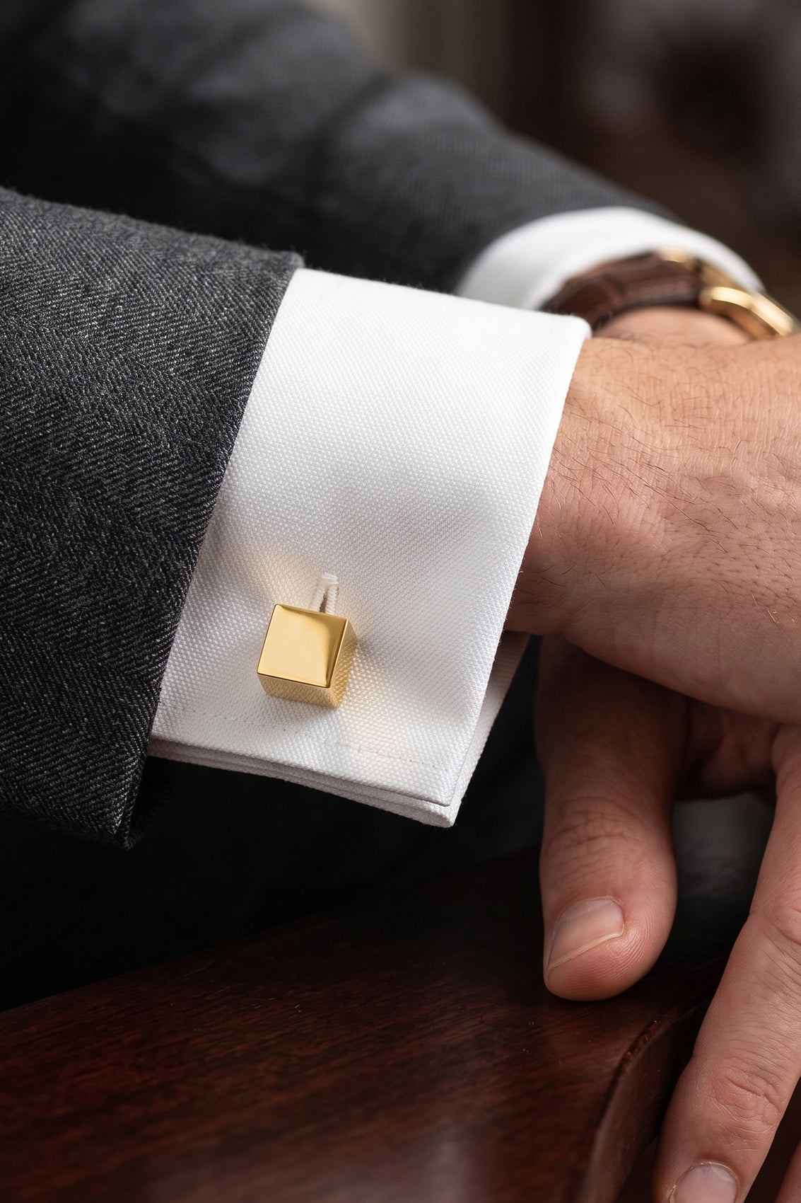 Cube Gold Men’s Cufflinks with a polished gold geometric cube design, crafted for sophisticated formal occasions.