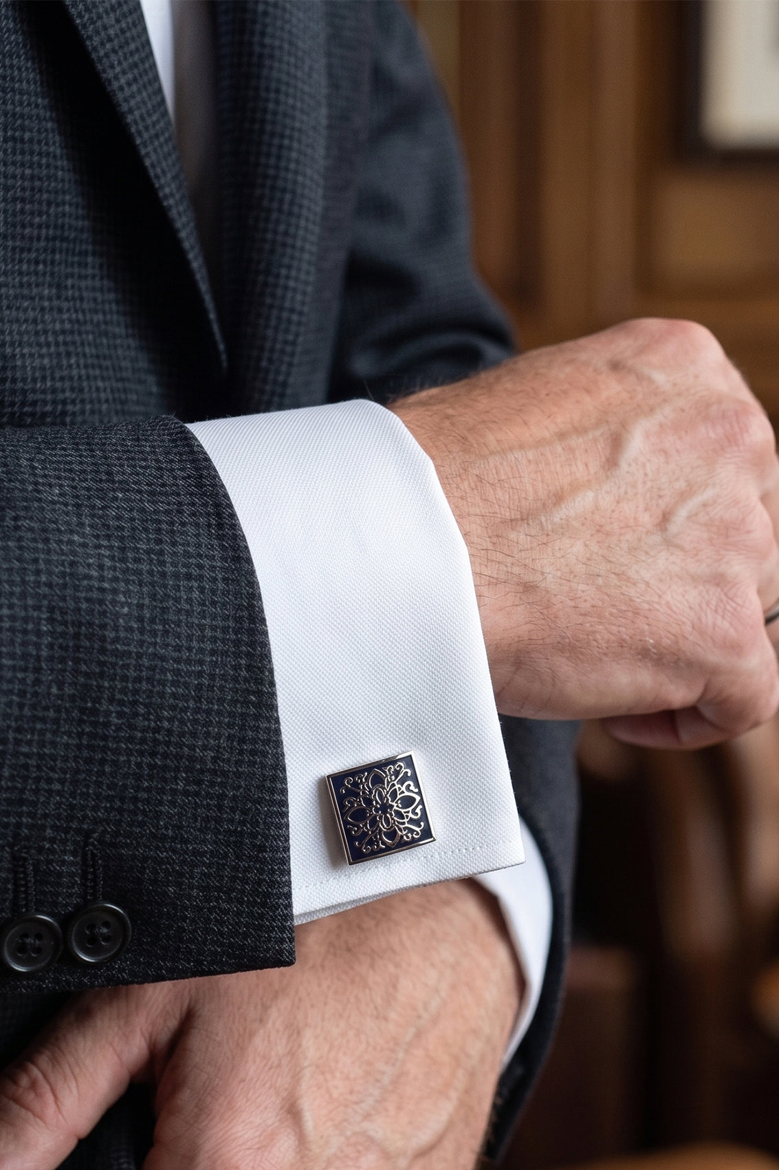 Lyon silver cufflinks for men by Oswin Hyde – luxury stainless steel accessories with polished finish for formalwear, weddings, and refined occasions.