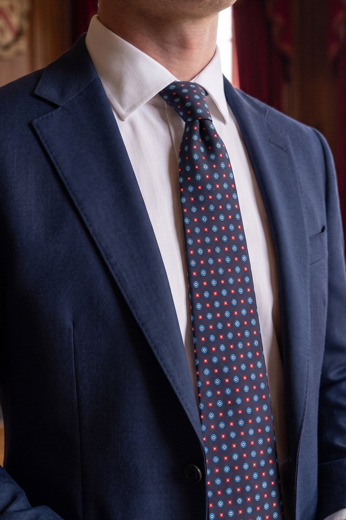 Dark Navy Geometric Pattern Silk Tie with sophisticated design, perfect for weddings and smart occasions.