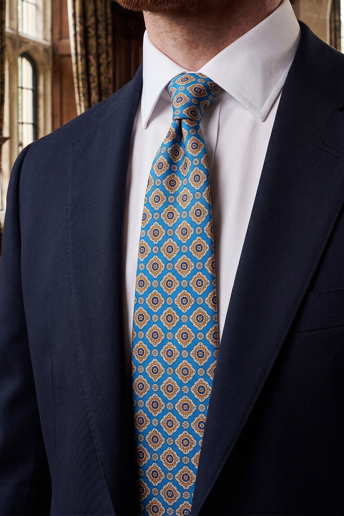 Cyan Geometric Pattern Silk Tie with modern design, ideal for weddings, formal attire, and stylish events.