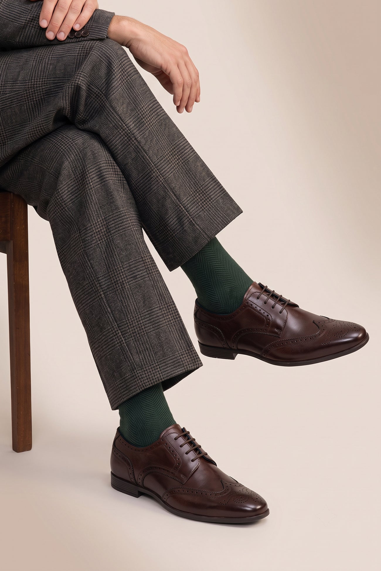 Model wearing Miller Brown derby brogue marries timeless appeal with modern sensibility, offering a sophisticated choice for those who appreciate quality footwear
