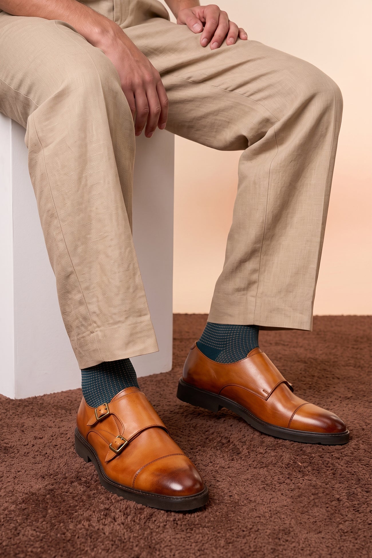 Oswin Hyde Garson Tan Monk Strap shoes crafted from premium leather. Perfect men’s tan shoes for formal occasions