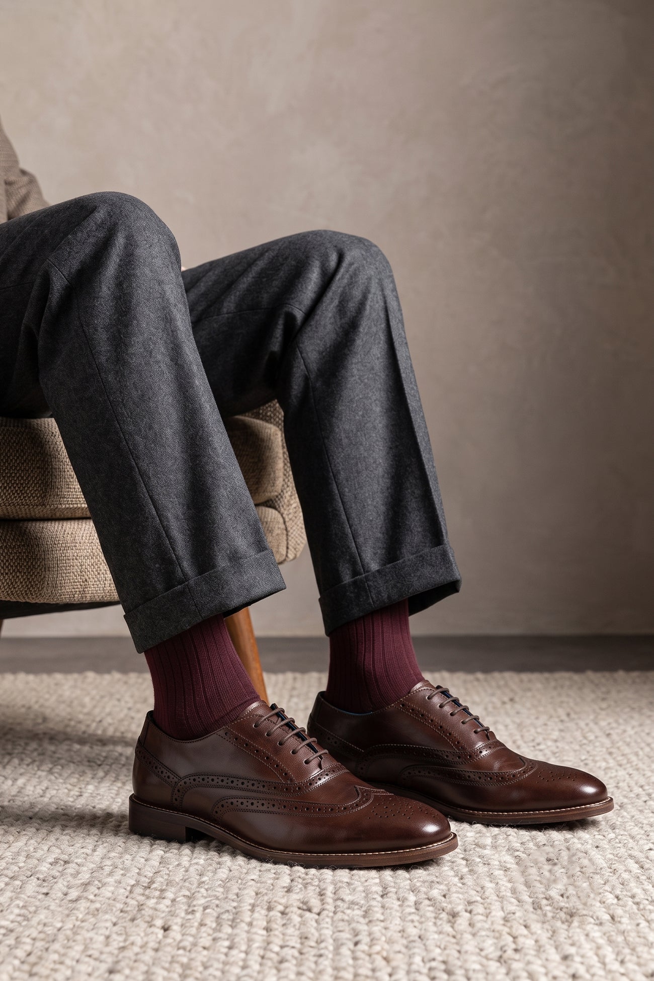 Model wearing Winston wide fit Brown brogue. Premium leather, classic brogue detailing, and extra room for all-day wear.