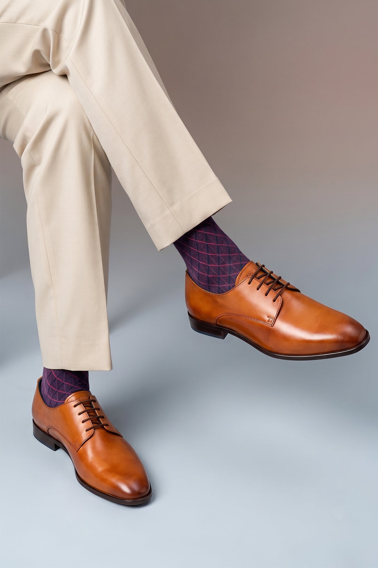 Model wearing Keyon tan leather Derby shoes for men with lace-up design, premium finish, and smooth silhouette—ideal for formal and smart-casual occasions.
