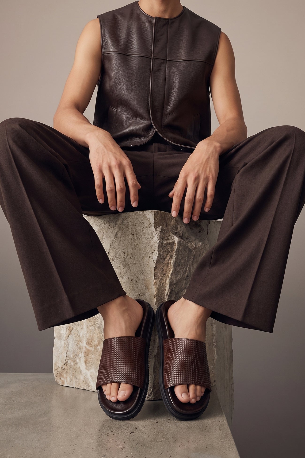 Model wearing Tito Brown leather sandals slide for men by Oswin Hyde with sleek design and comfortable fit