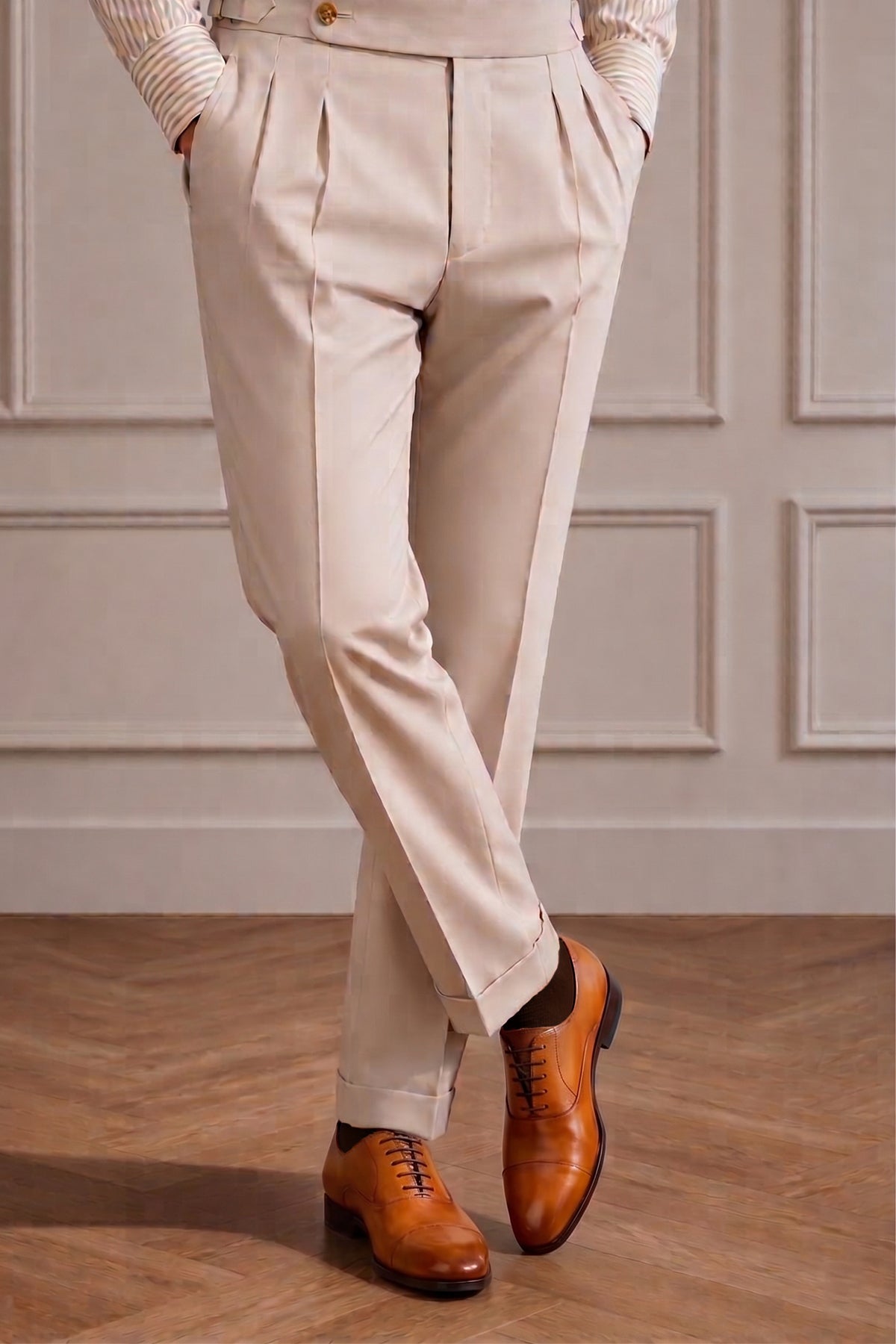 Model wearing Men’s Jarvis Tan oxford lace-up leather shoes with sleek design, crafted for elegant office wear and lasting comfort.