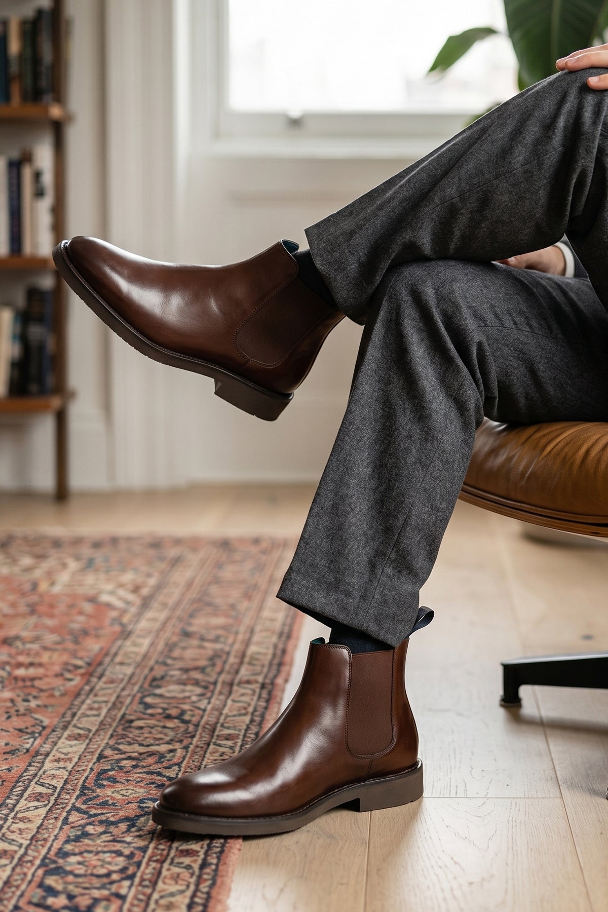 Man wearing Michael Brown Chelsea boots for men made from high-quality leather, offering a sleek, modern silhouette with luxurious comfort for everyday or smart wear.
