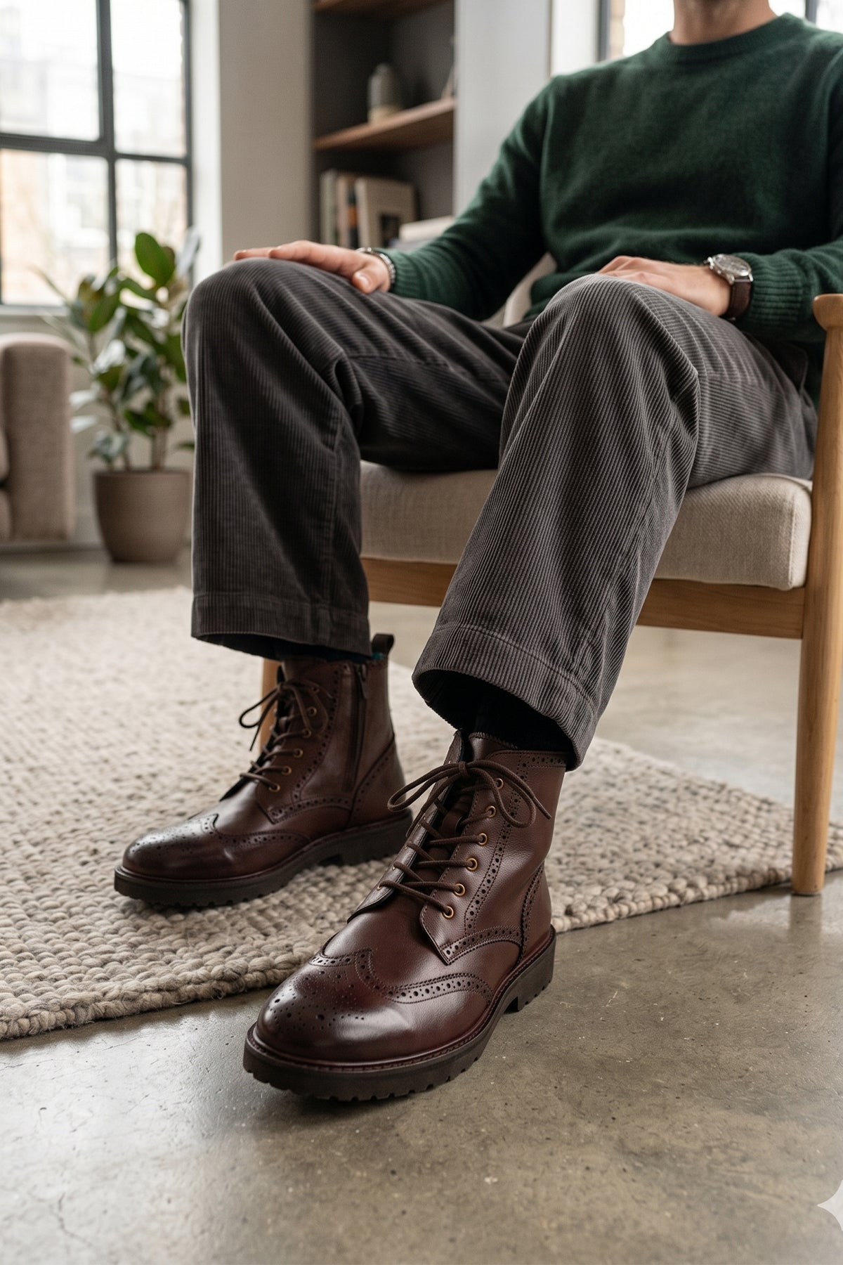 Man wearing Brown leather lace-up brogue boots for men by Oswin Hyde – stylish, comfortable boots with wingtip detail and cushioned insole for smart casual wear.