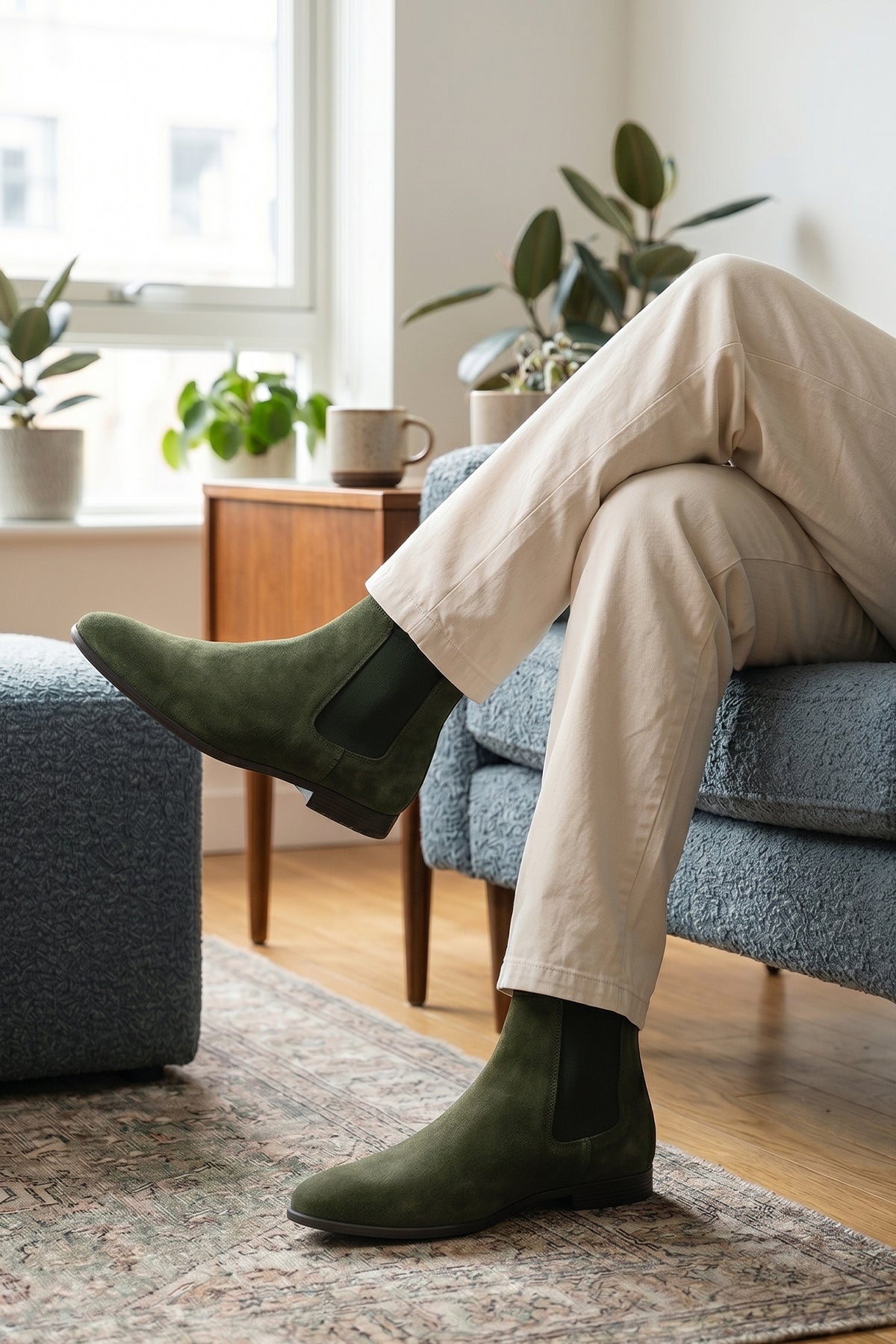 Model wearing Darwin Green Suede Chelsea boot for men | Best Chelsea boots