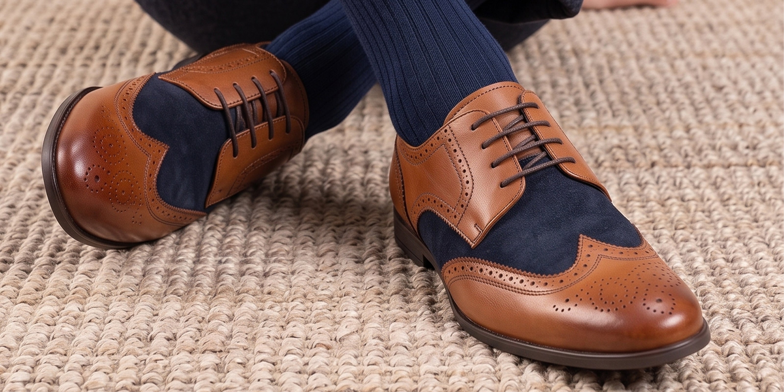 Model wearing Miller Tan Navy Suede men’s leather and  navy suede brogue shoes with wingtip detailing.