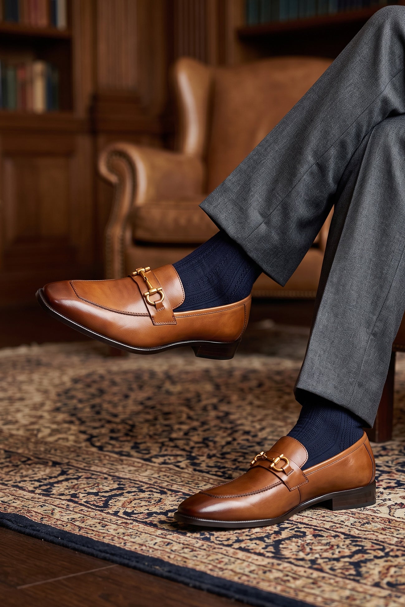 The men's smart tan loafers feature a distinctive gold horsebit buckle detail and premium full-grain leather, perfect for office wear, weekend gatherings, and smart-casual styling.