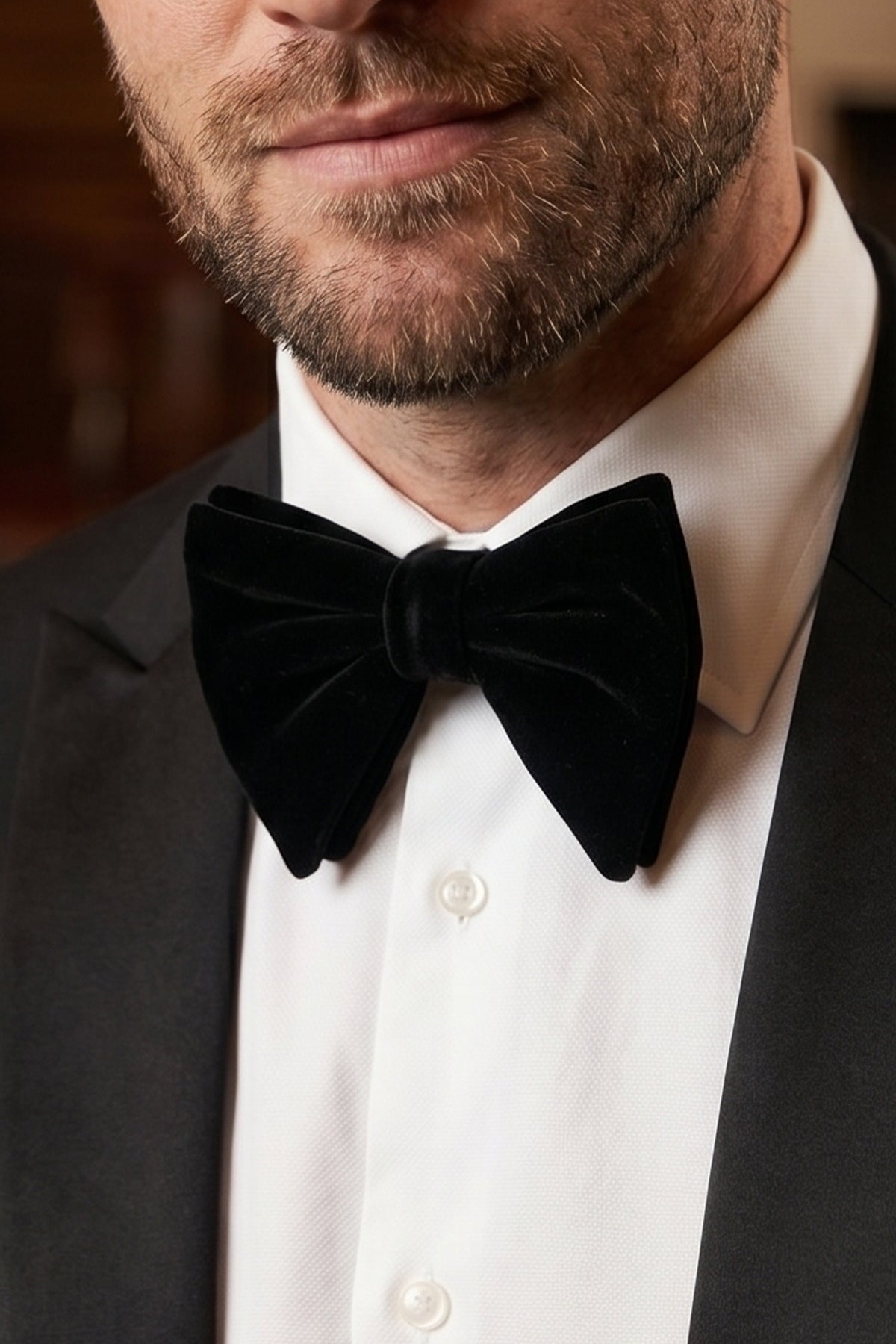 Man wearing Velvet Bond Black bow tie for men, designed with premium velvet for a luxurious feel and refined look