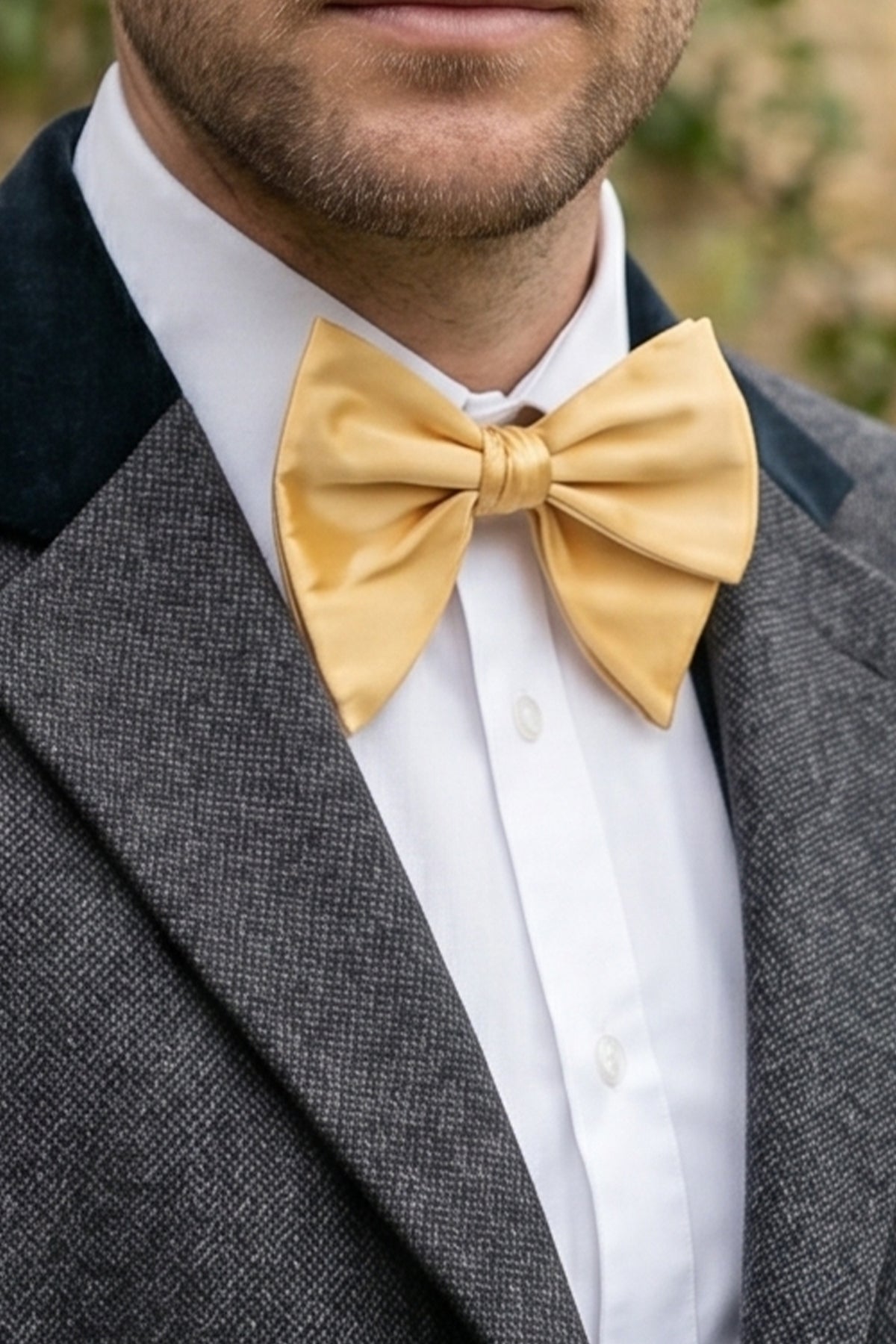 Man wearing Man wearing Champagne Retro Bow Tie for men, crafted from soft velvet with a rich texture and vintage-inspired design, perfect for refined formal and elegant occasions.