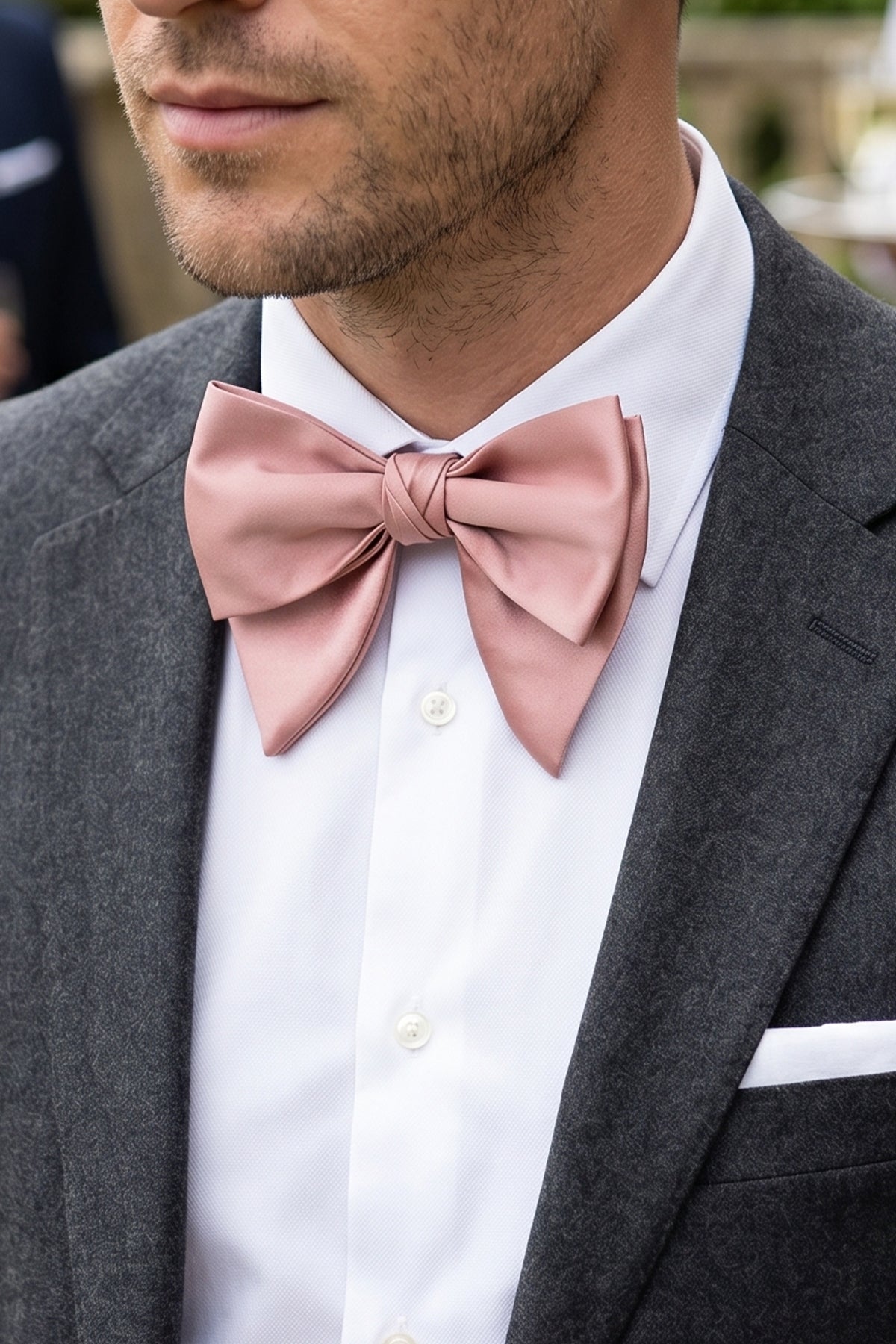 Man wearing Dusky Pink Velvet Retro Bow Tie for men, crafted from soft velvet with a rich texture and vintage-inspired design, perfect for refined formal and elegant occasions.