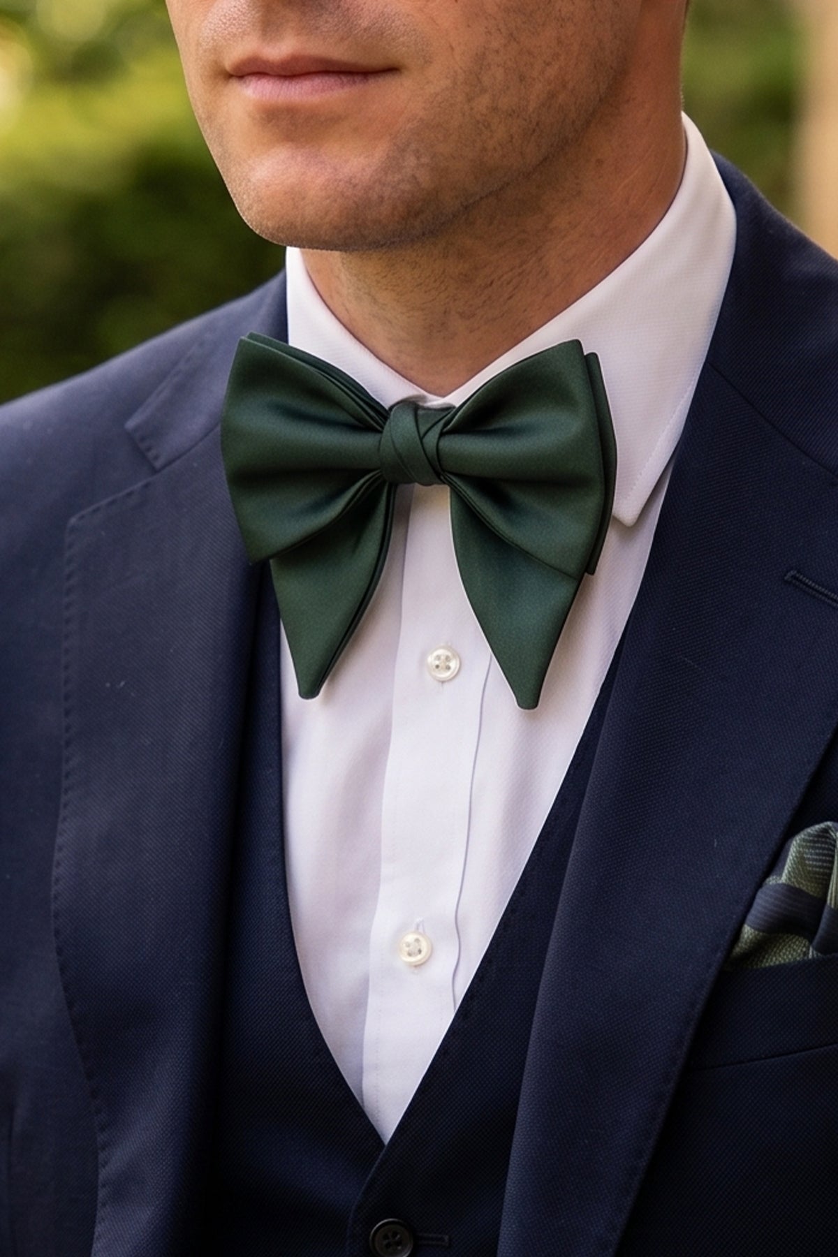 Man wearing Oswin Hyde Green Retro Bowtie, crafted from soft satin and featuring a timeless design