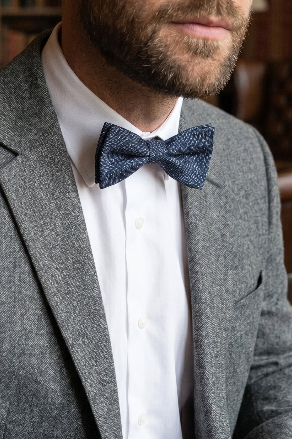 Oswin Hyde Polka Navy Bowtie. Featuring a timeless polka dot design on a rich navy background
