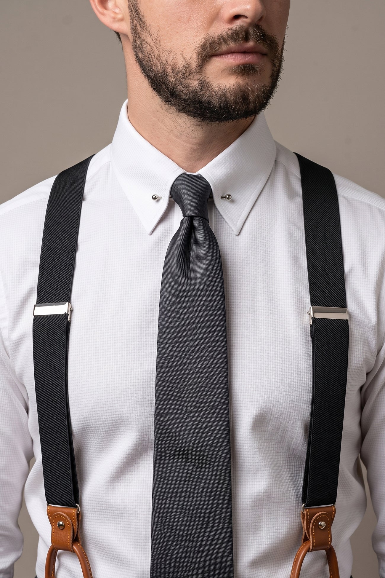 Men’s black combination braces with leather detailing and adjustable clips, ideal for wedding, business, or casual wear.