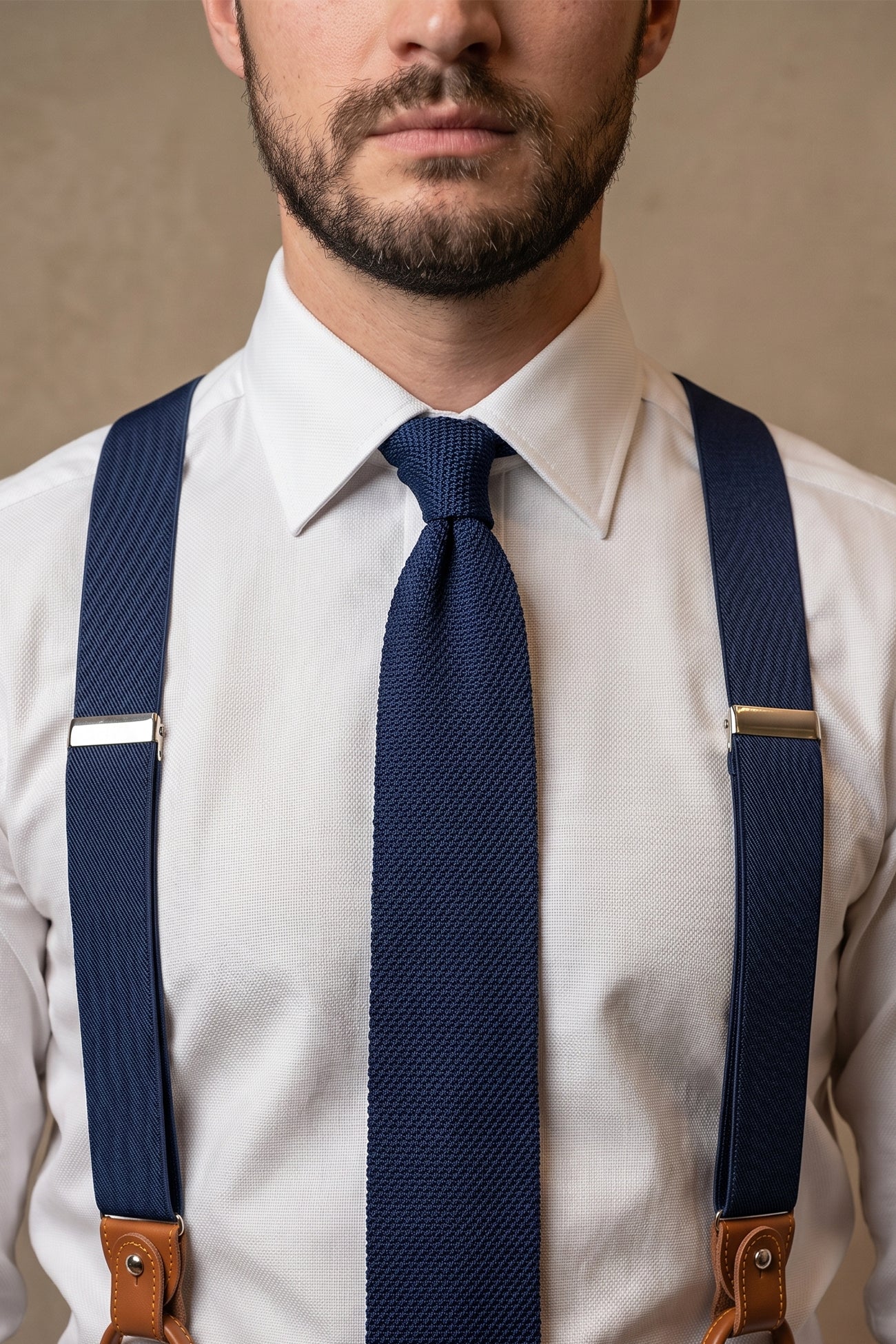Men’s navy combination braces suspenders with leather details and adjustable metal clips, ideal for wedding, business or smart-casual dressing.