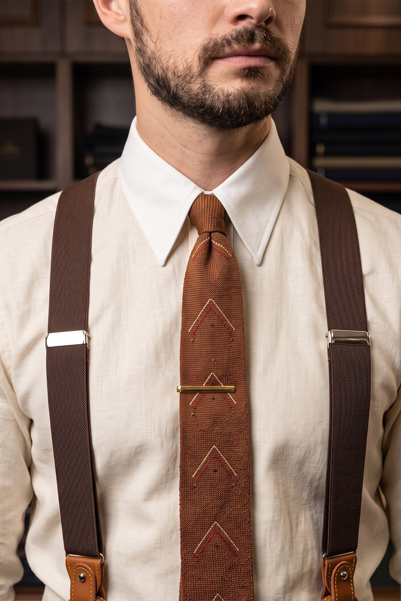 Men’s brown combination braces suspenders with leather accents and adjustable metal clips, ideal for weddings, business attire, or refined casual looks.