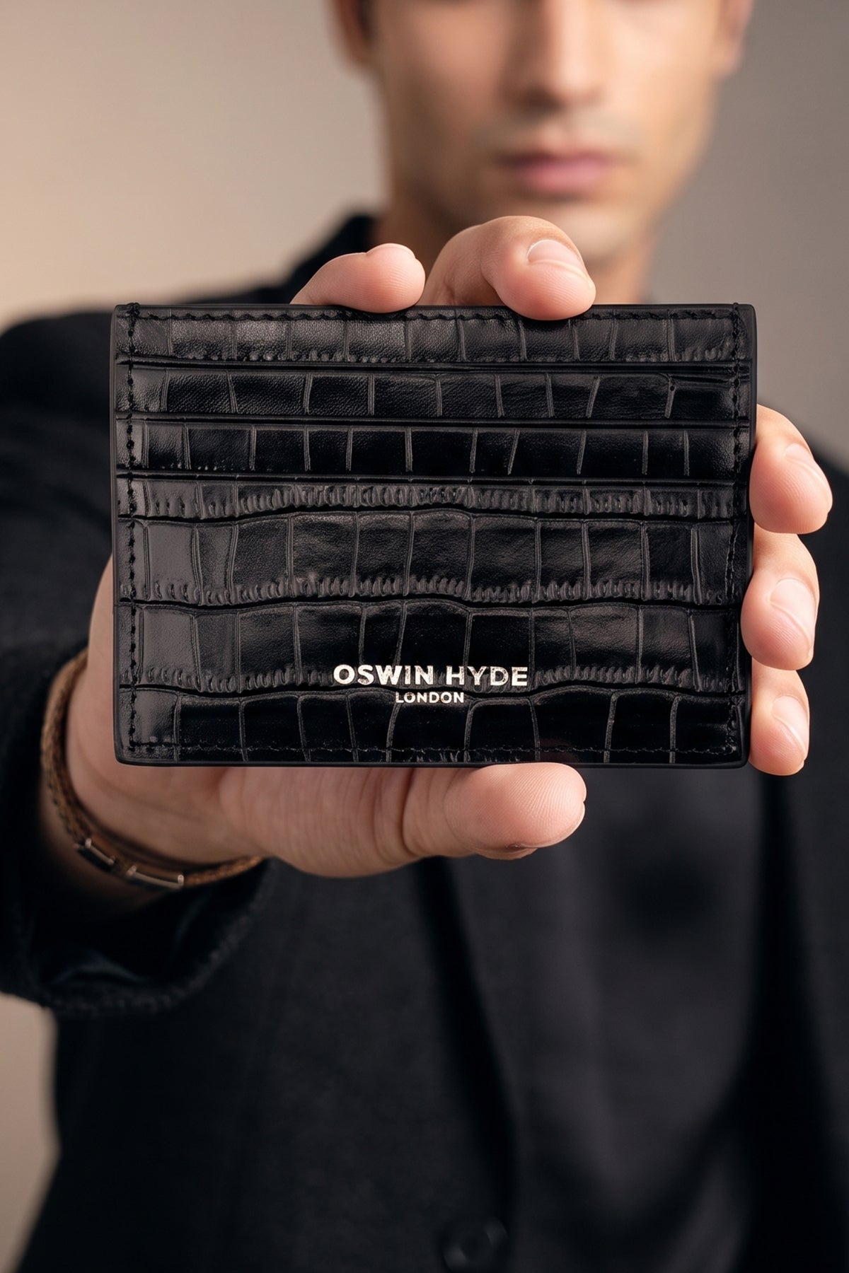 Man holding Chancery Black Croc Card Holder | Oswin Hyde