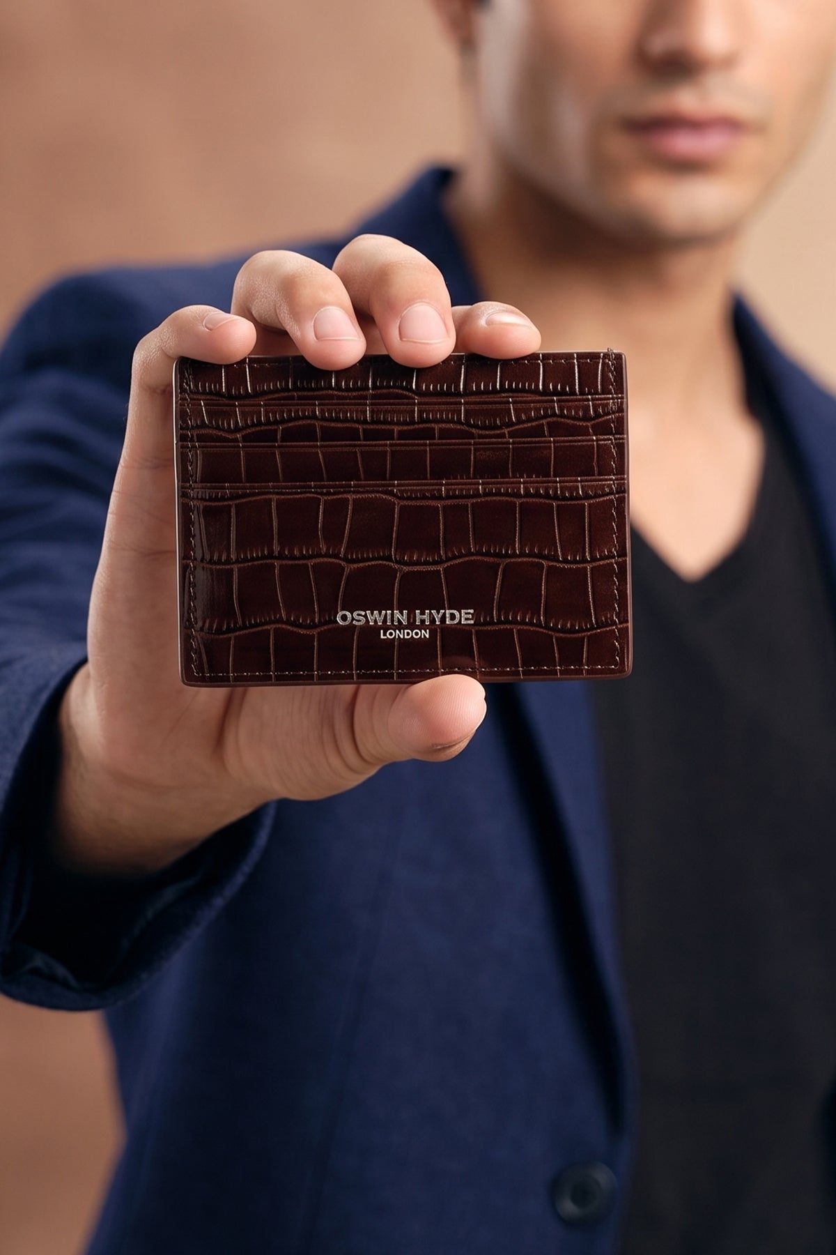 Man holding Chancery Brown Croc Card Holder | Oswin Hyde
