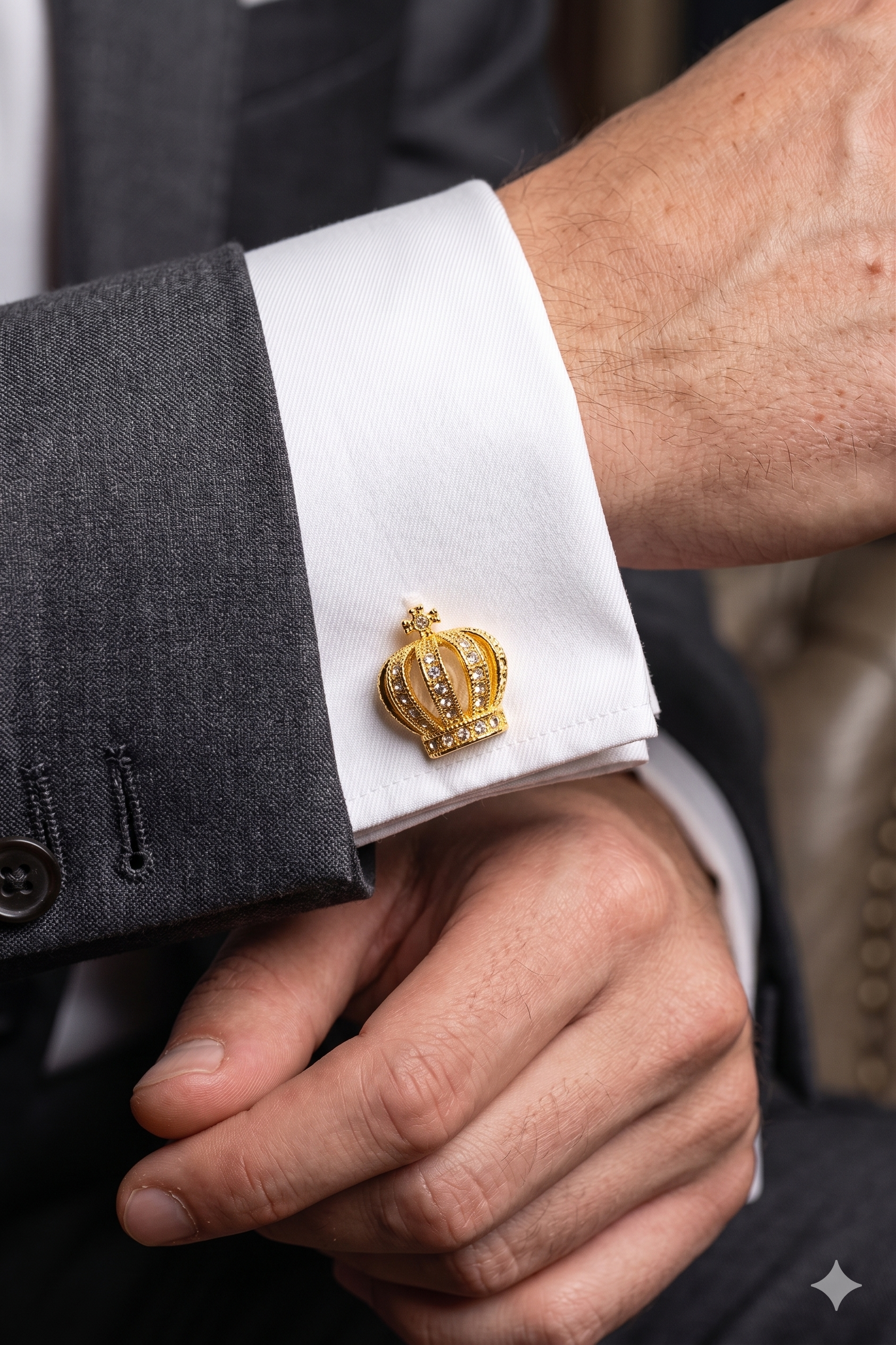 Crown Gold Men’s Cufflinks with intricate crown motif in polished gold, ideal for formal occasions and weddings.