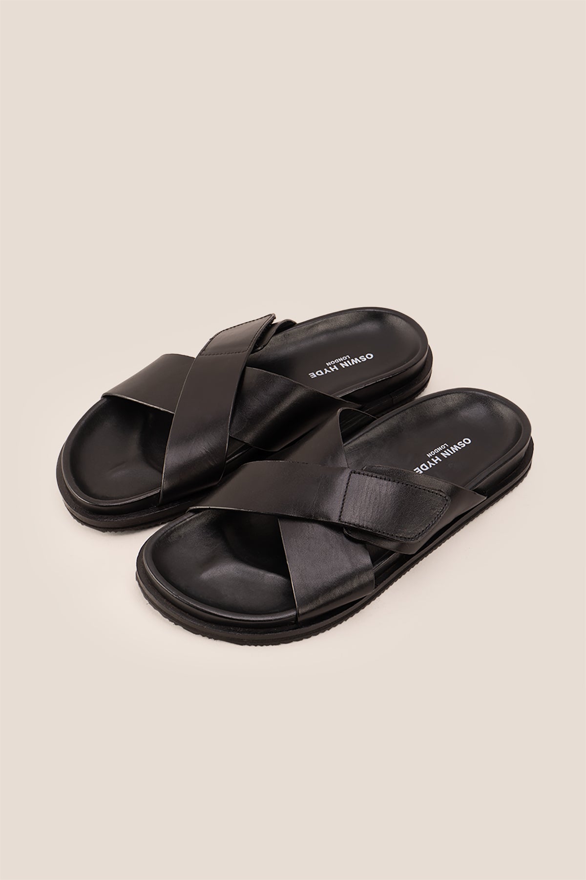 Dylan Black leather men's sandals with cross strap and Velcro closure, ideal for casual wear, beach days, or summer adventures.