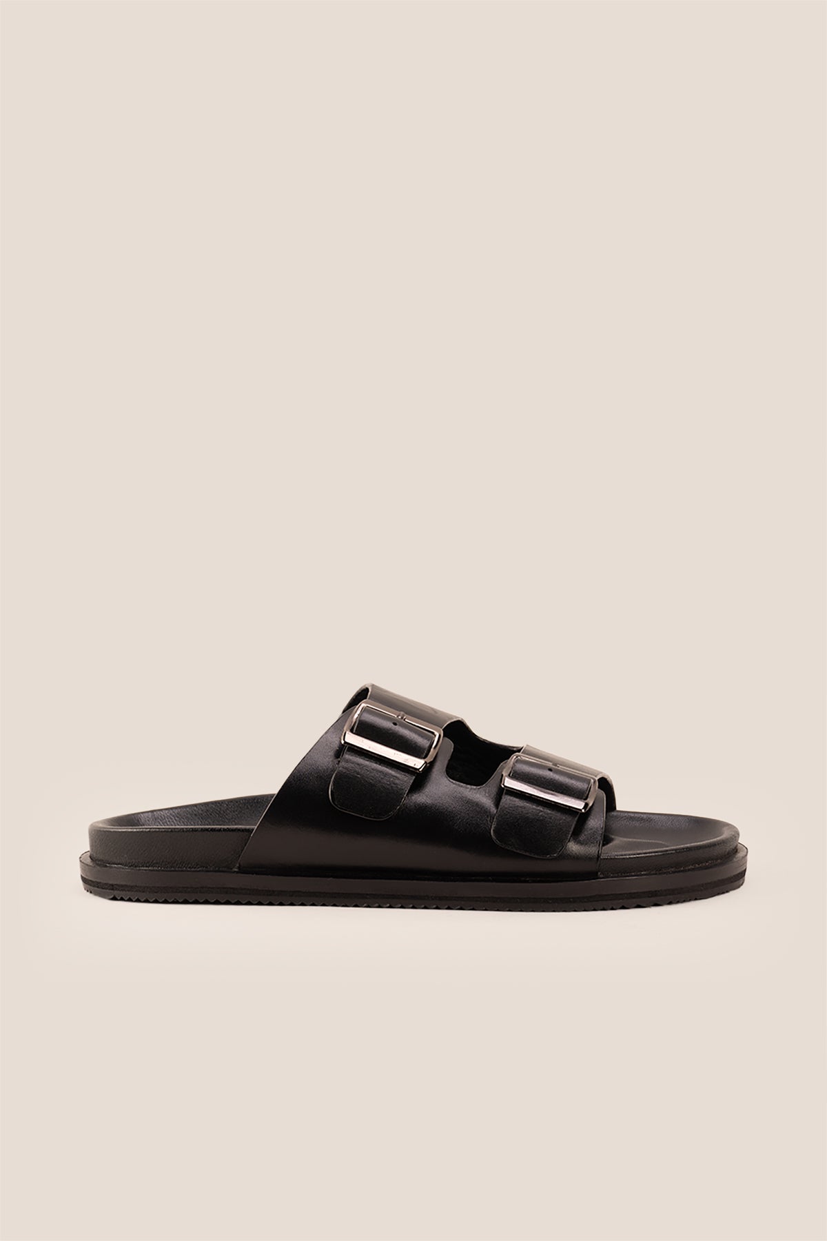 Jude Black leather men's sandals with twin buckle straps and high-quality leather design, ideal for everyday comfort and casual summer wear.