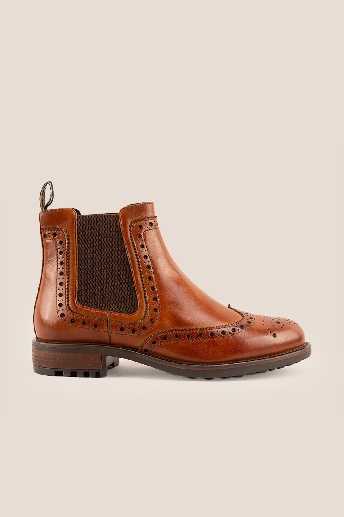 Gavin Tan leather Chelsea boots for men featuring a classic wing cap brogue design with refined stitching and polished finish