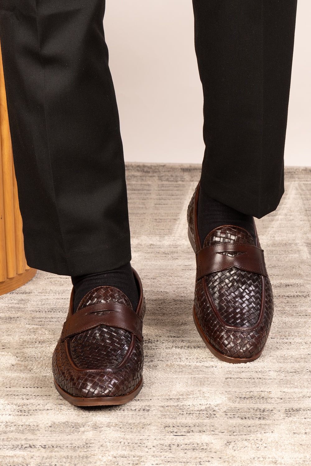 Santiago Brown woven leather loafers for men featuring premium craftsmanship, unique textured design, and comfortable fit for versatile wear.
