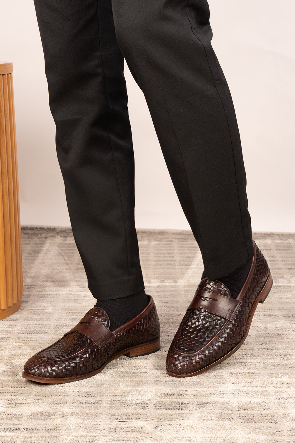 Santiago Brown woven leather loafers for men featuring premium craftsmanship, unique textured design, and comfortable fit for versatile wear.