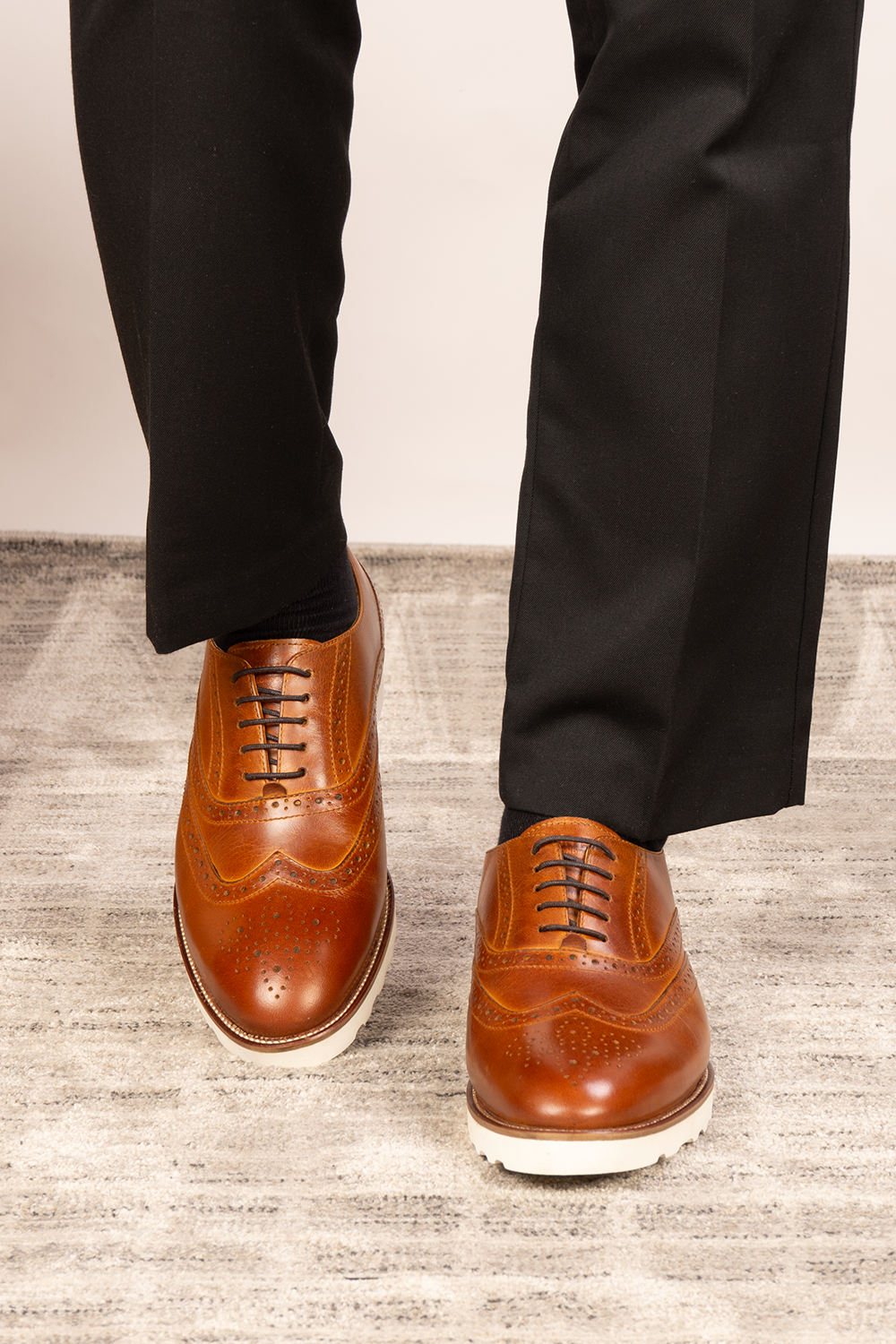 Tyler II tan Oxford brogue leather shoes for men featuring detailed perforation, premium leather, and a classic formal silhouette.
