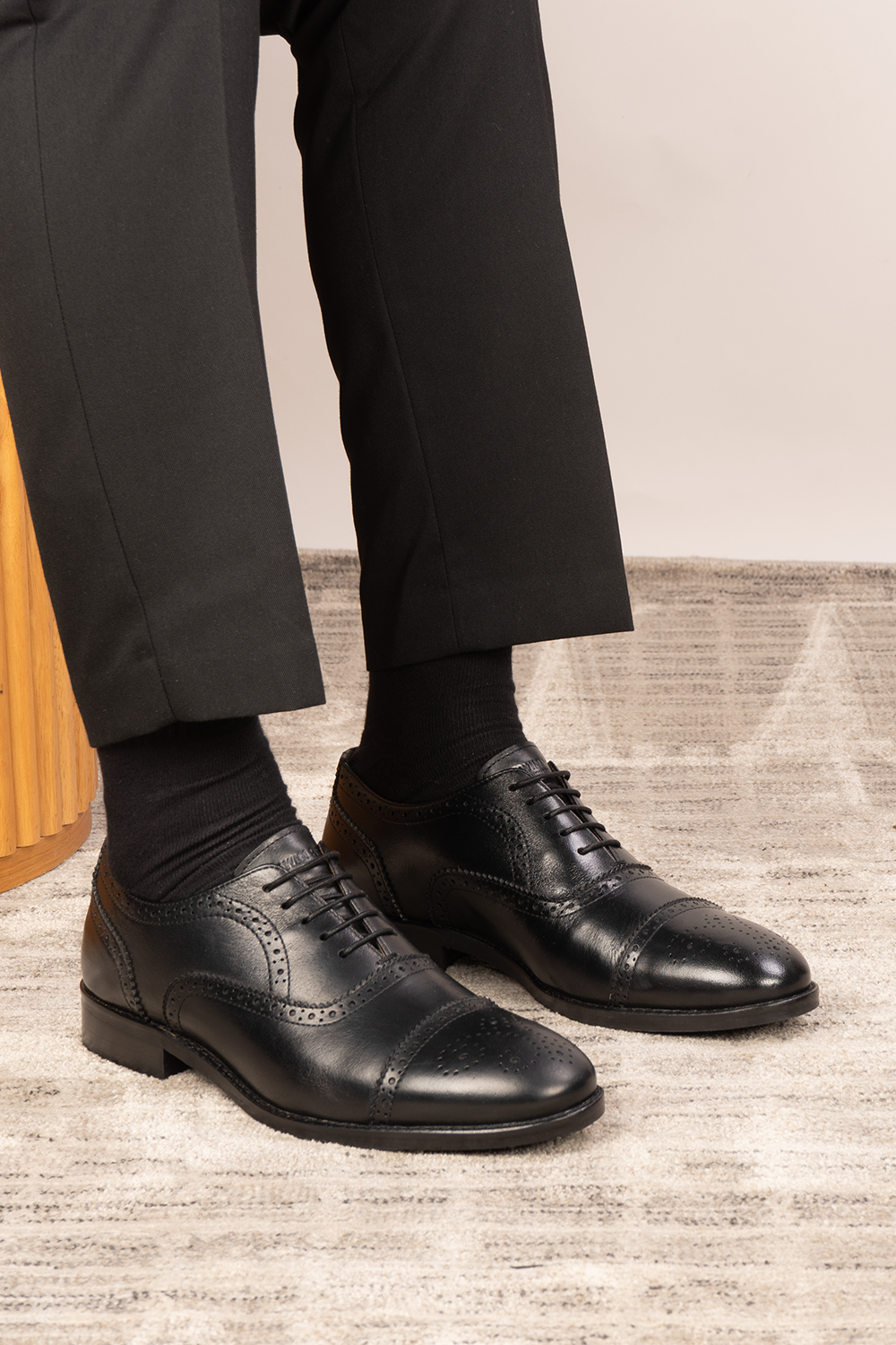 Westminster black leather Oxford shoes for men featuring classic five-eyelet brogue toecap design—perfect for formal events, office wear, and elegant styling.