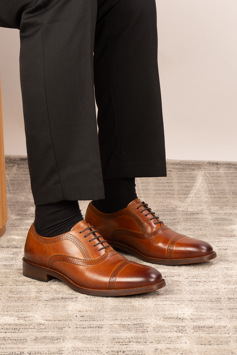 Creed tan men's leather shoes with timeless five-eyelet toecap brogue design, crafted in premium leather for a refined, sophisticated look