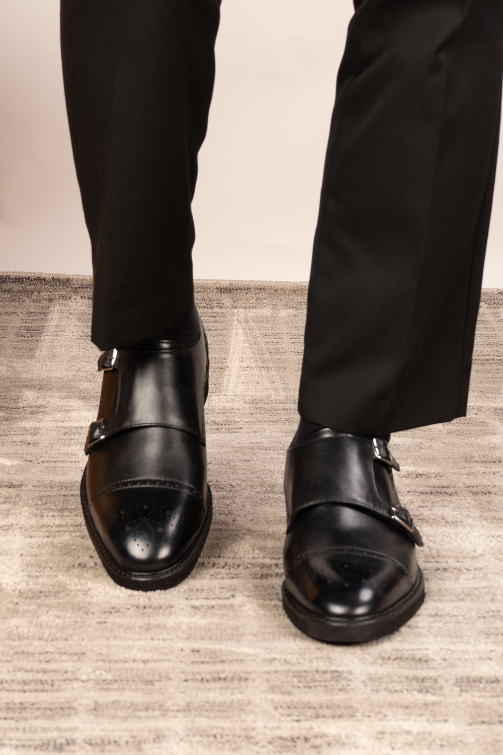 Shelby Black monk strap brogue men’s leather shoes featuring detailed brogue pattern and premium black leather for formal and smart wear.