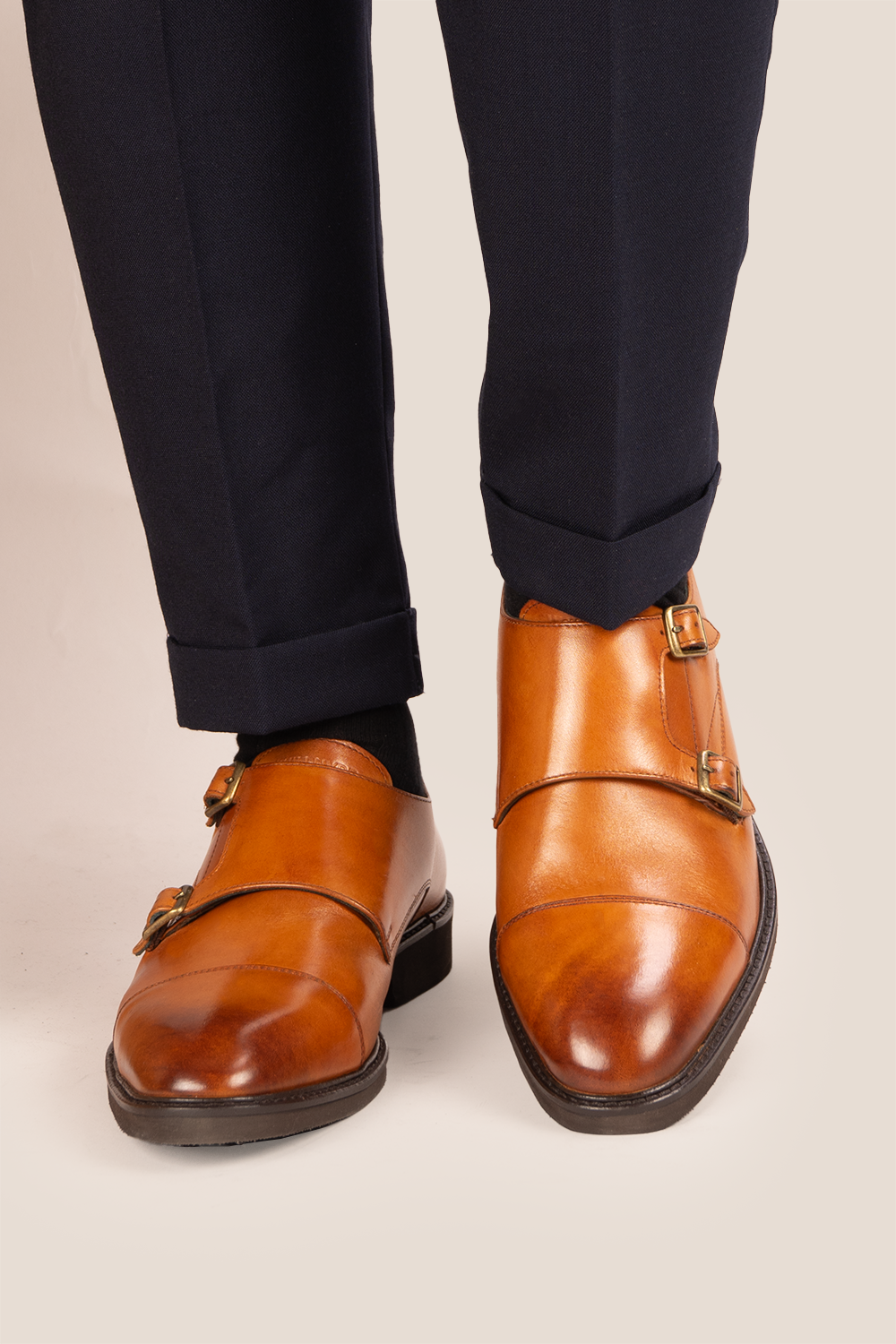 Garson tan monk strap leather men’s shoes with premium craftsmanship, sleek design, and classic buckle detail for formal and office wear.