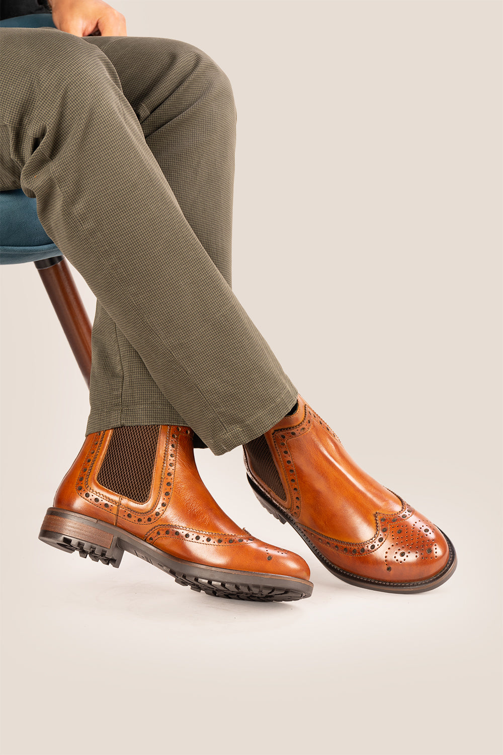 Gavin Tan leather Chelsea boots for men featuring a classic wing cap brogue design with refined stitching and polished finish