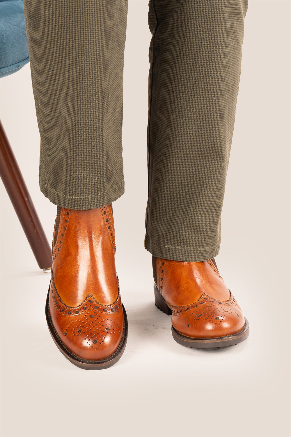Gavin Tan leather Chelsea boots for men featuring a classic wing cap brogue design with refined stitching and polished finish