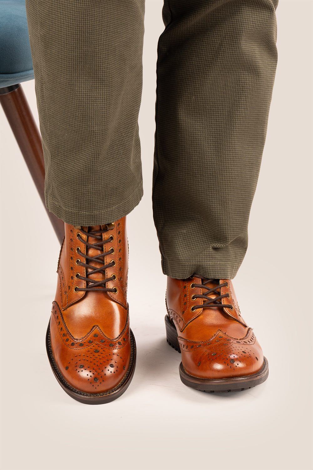 Gregory Tan leather boot with brogue details, wingtip boots for men, tan leather walking boots. 