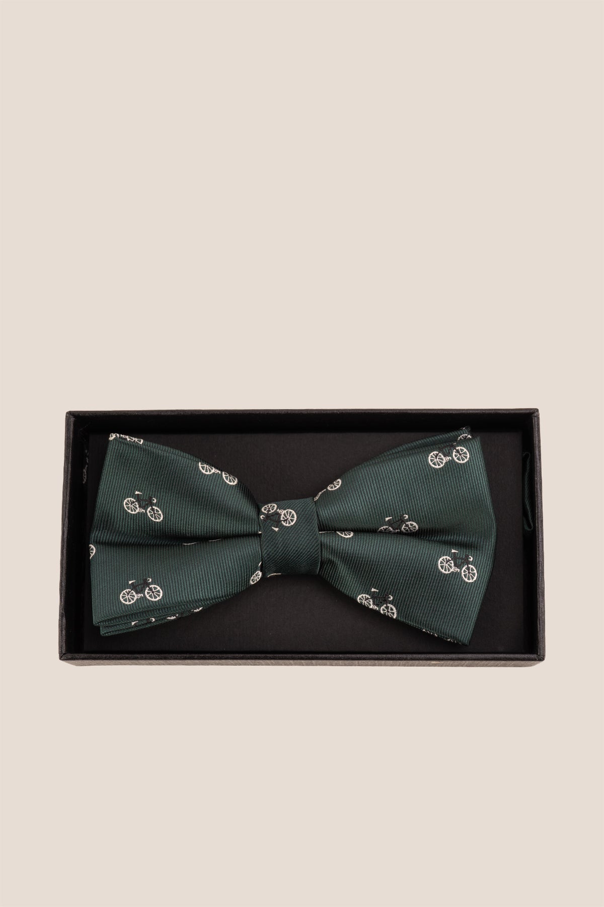 Green Cycle Bow Tie featuring a vibrant green shade with a playful cycling-inspired pattern, adding a touch of character and charm to any formal or casual outfit.