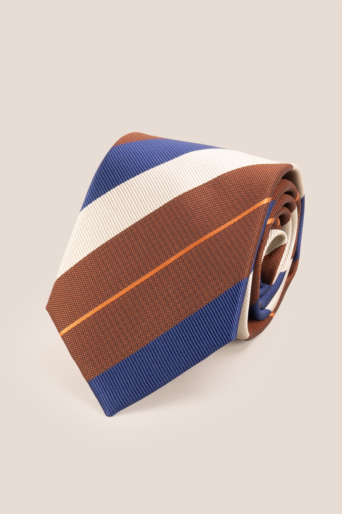 Brown Silver Navy Stripes tie for men. The combination of rich brown, elegant silver, and deep navy stripes creates a sophisticated and versatile accessory.
