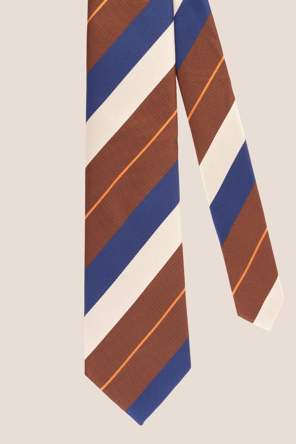 Brown Silver Navy Stripes tie for men. The combination of rich brown, elegant silver, and deep navy stripes creates a sophisticated and versatile accessory.